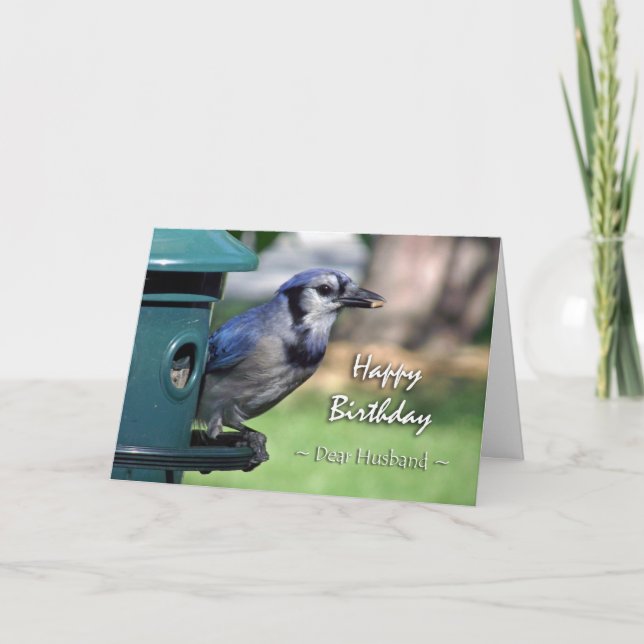 Carte Anniversaire pour le mari, geai bleu au conducteur (Devant)