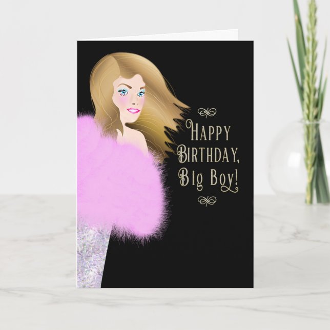Carte Anniversaire pour lui Glamours Lady in Pink Boa Ca (Devant)