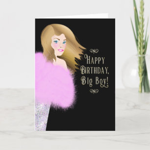 Carte Anniversaire pour lui Glamours Lady in Pink Boa Ca
