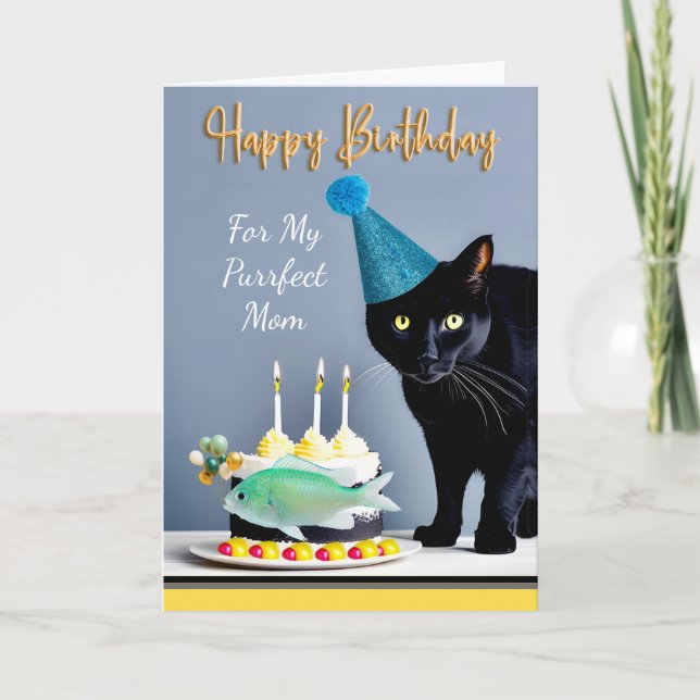 Carte Anniversaire pour maman avec chat et gâteau noir (Devant)