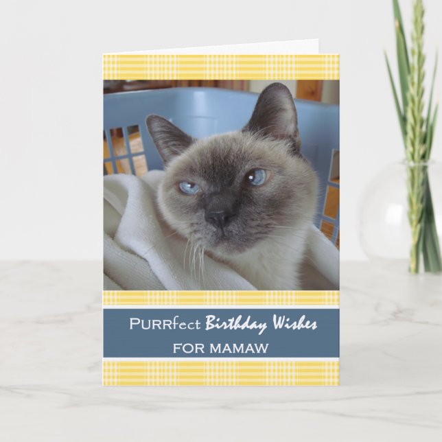 Carte Anniversaire pour Mamaw, chat dans le panier de (Devant)