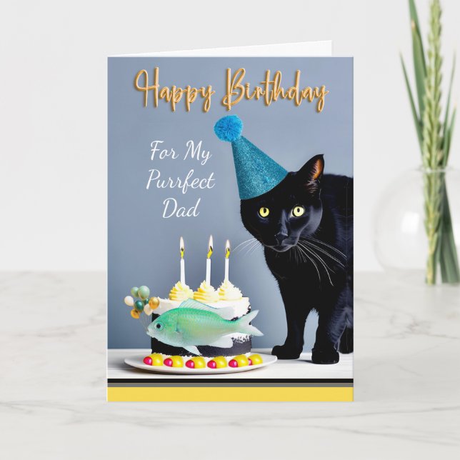 Carte Anniversaire pour papa avec chat et gâteau noir (Devant)