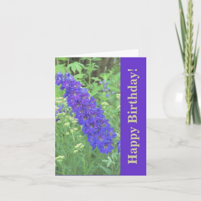 CARTE "ANNIVERSAIRE POURPRE DE /HAPPY DE DELPHINIUM " (Devant)