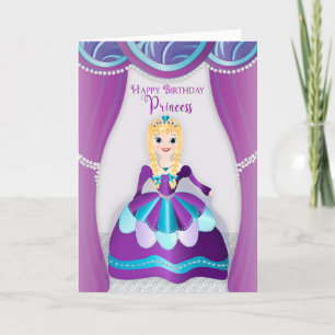 Carte Anniversaire, princesse habillée en gobe violet et