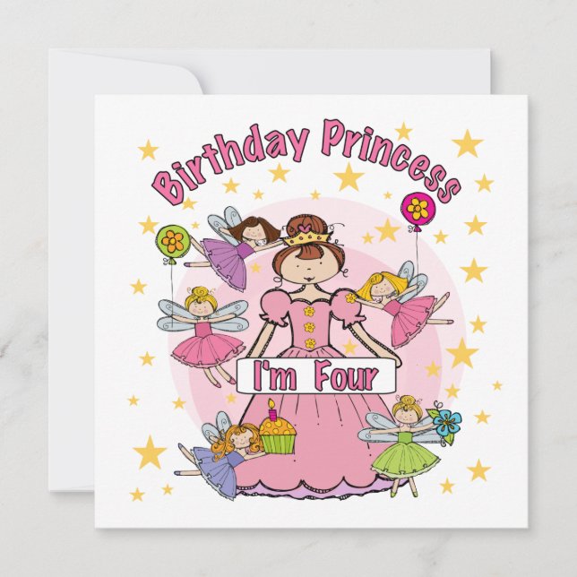 Carte Anniversaire Princesse Je suis quatre t-shirts et  (Devant)