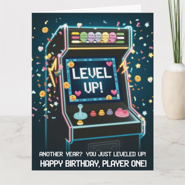 Carte Anniversaire Rétro À Thème Arcade - "Niveau Up" Ga (Devant)