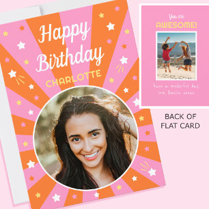 Carte Anniversaire Rétro Nom personnalisé 2 Photo rose o