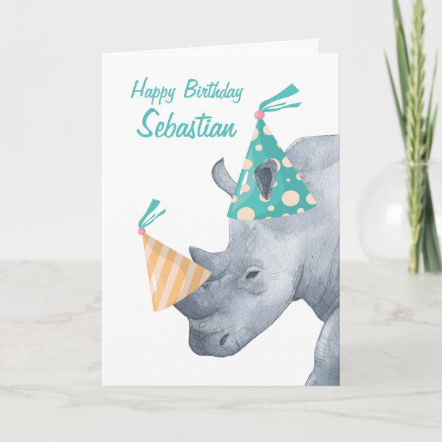 Carte Anniversaire Rhino avec Casquette de fête sur la c (Devant)