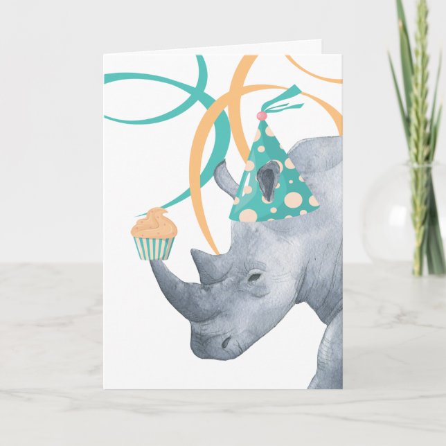 Carte Anniversaire Rhino en Casquette de fête avec Cupca (Devant)