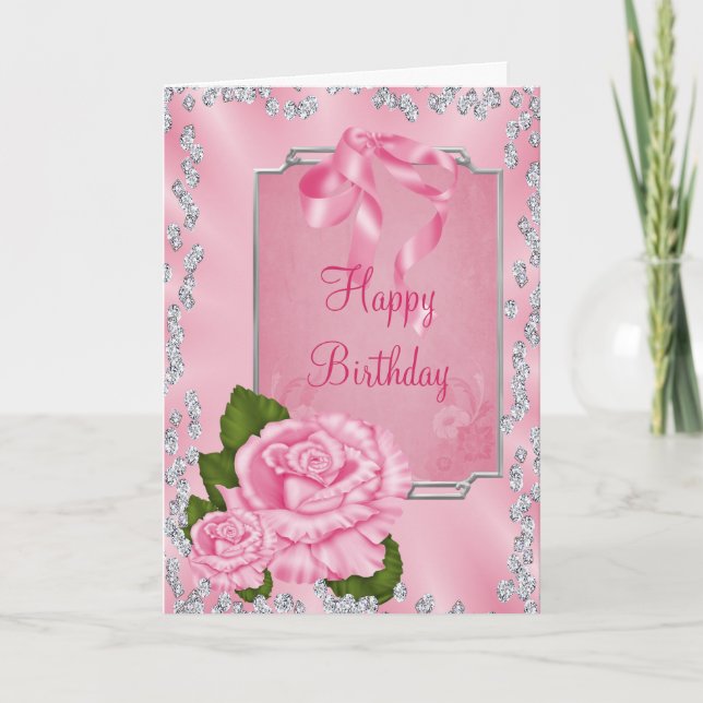 Carte Anniversaire romantique des roses roses et bow (Devant)