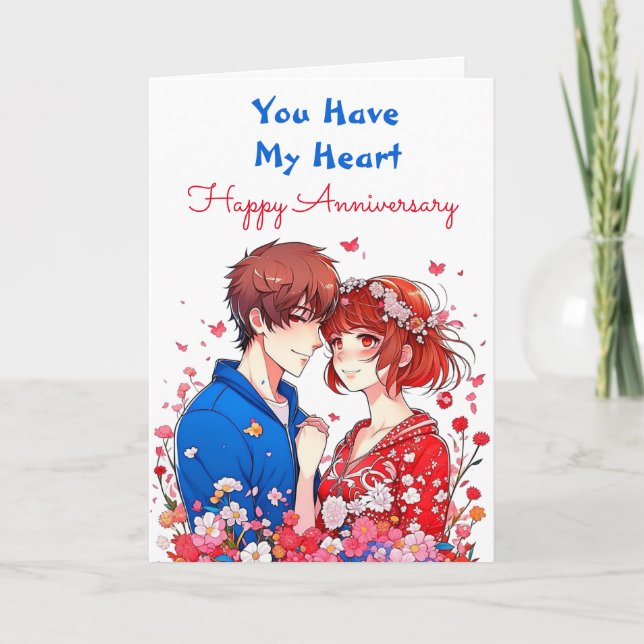 Carte Anniversaire romantique et mignon d'Anime Couple (Devant)