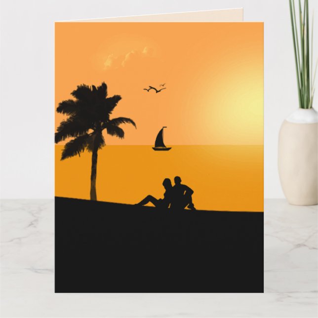 CARTE ANNIVERSAIRE ROMANTIQUE PLAGE ENSOLEILLÉE TROPICAL (Devant)