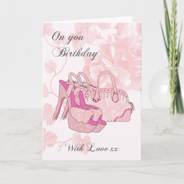 Carte Anniversaire Rose - Chaussures Et Sac À Main (Devant)