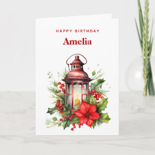Carte Anniversaire rouge de Noël Poinsettia et pin