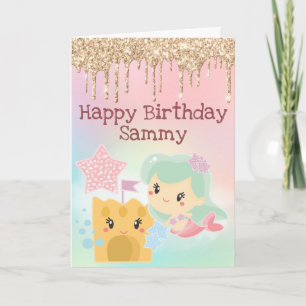 Carte Anniversaire Sirène Kawaii et Château de Sable Dég