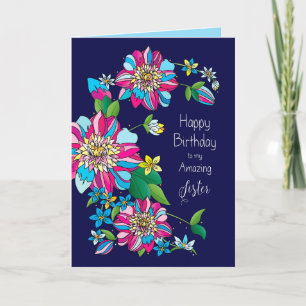 Carte Anniversaire, Soeur, Fleurs Lumineuses et Colorées