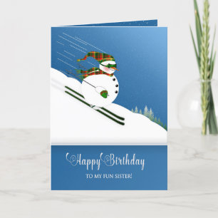 Carte Anniversaire, Soeur, Joyeux Snowman Qui Skie Sur M