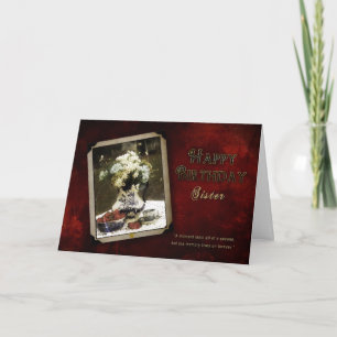 Carte Anniversaire, Soeur, Plats Bleus Antique, Fleur