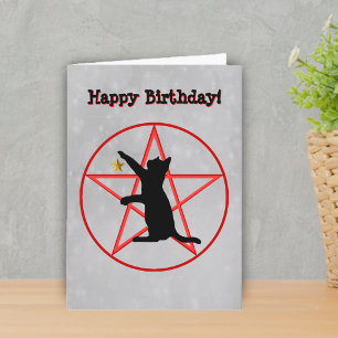 Carte Anniversaire Sorcière Chat Noir Pentagramme Rouge