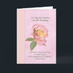 Carte Anniversaire, Step Mother, Rose de la paix<br><div class="desc">Ce salut d'anniversaire pour une mère pas est un design floral doux et rêveur. Un Rose de Paix rose et jaune est montré sur un arrière - plan de rose muet. Une large bordure verticale dans une teinte jaune rosé est sur le côté gauche de l'image. Une citation d'un vieux...</div>