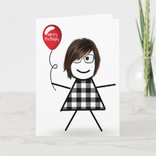 Carte Anniversaire Stick Girl avec Balloon rouge