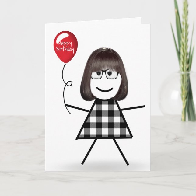 Carte Anniversaire Stick Girl avec Balloon rouge (Devant)