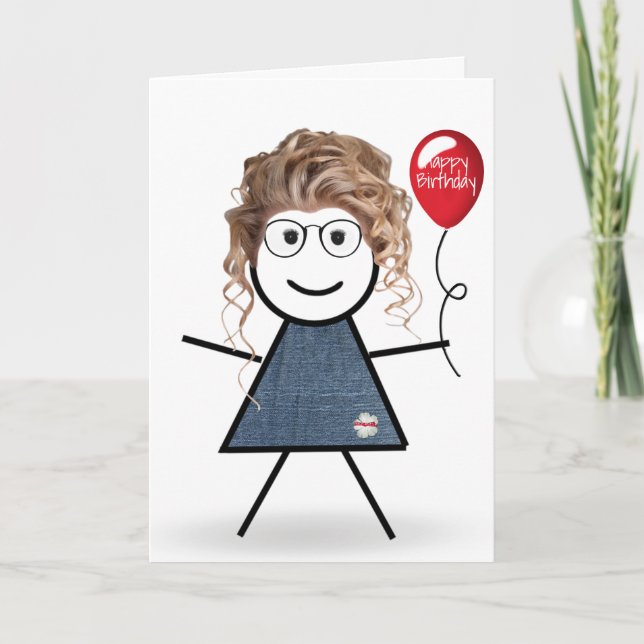 Carte Anniversaire Stick Girl avec Balloon rouge (Devant)