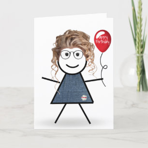 Carte Anniversaire Stick Girl avec Balloon rouge