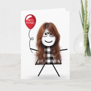 Carte Anniversaire Stick Girl avec Balloon rouge