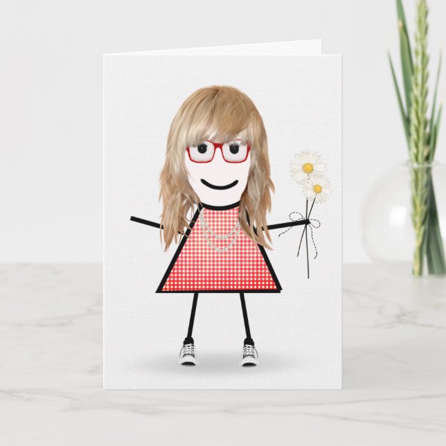 Carte Anniversaire Stick Girl avec marguerites (Devant)