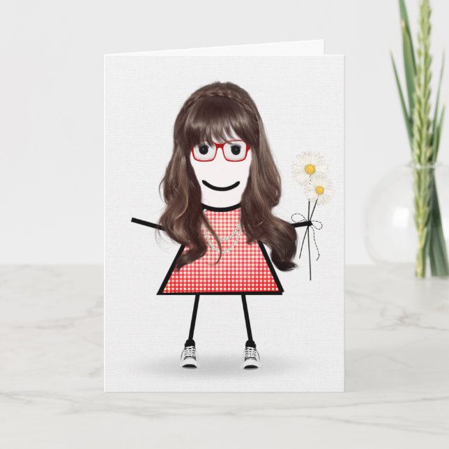 Carte Anniversaire Stick Girl avec marguerites (Devant)