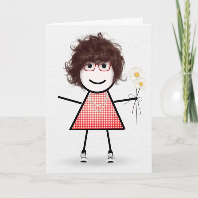 Carte Anniversaire Stick Girl avec marguerites (Devant)