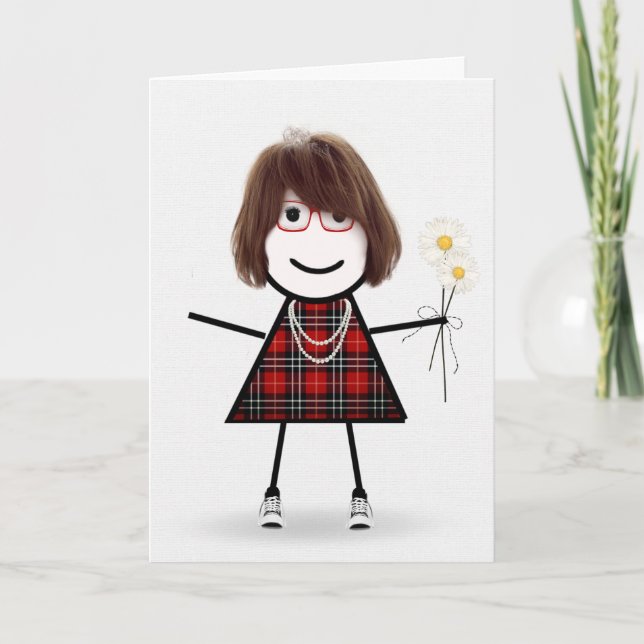 Carte Anniversaire Stick Girl avec marguerites (Devant)
