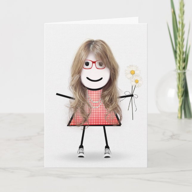 Carte Anniversaire Stick Girl avec marguerites (Devant)