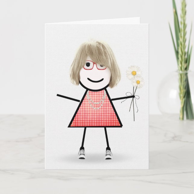 Carte Anniversaire Stick Girl avec marguerites (Devant)