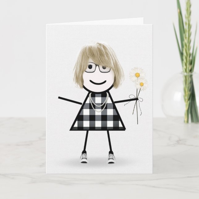 Carte Anniversaire Stick Girl avec marguerites (Devant)