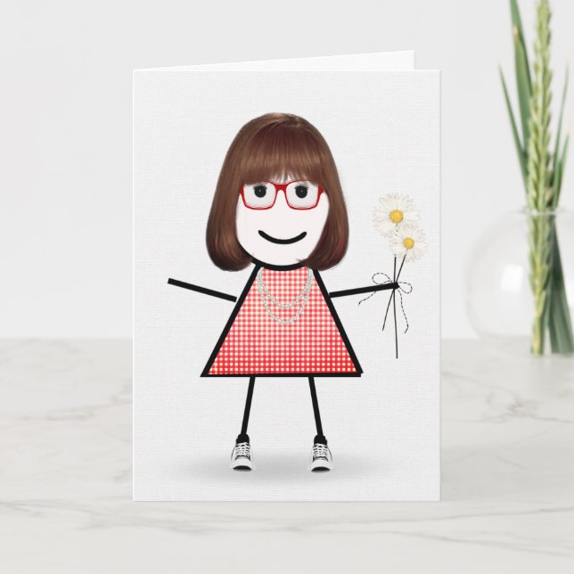 Carte Anniversaire Stick Girl avec marguerites (Devant)