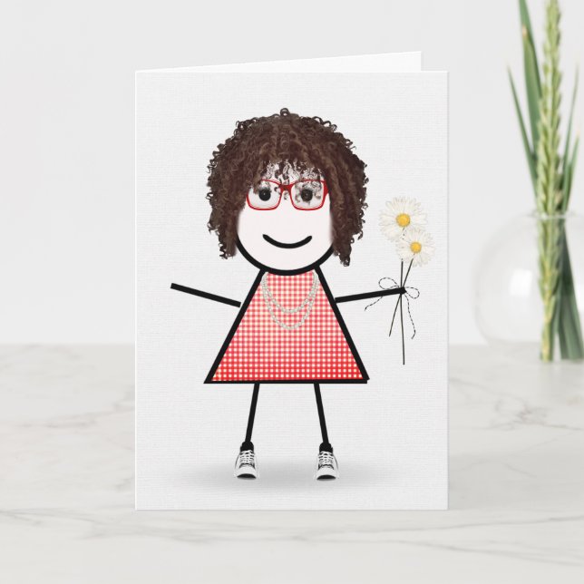 Carte Anniversaire Stick Girl avec marguerites (Devant)