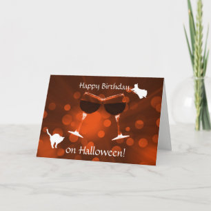 Carte Anniversaire sur Halloween Vin et sorcière Chat Cu