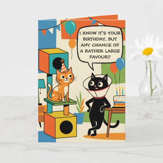 Carte Anniversaire sur le thème du chat drôle (Petite plante)
