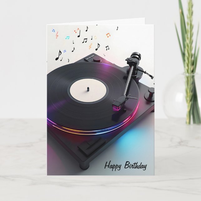 Carte Anniversaire Tourne-disque Avec Neon Music Notes (Devant)