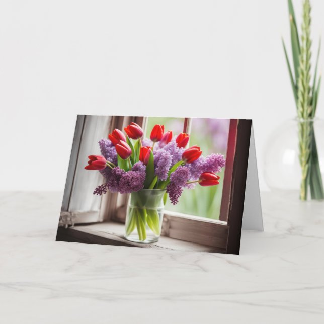 Carte Anniversaire Tulipe rouge et Bouquet Lilac (Devant)