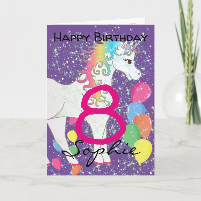 Carte Anniversaire Unicorn Pour Jeune Fille De 8 A (Devant)