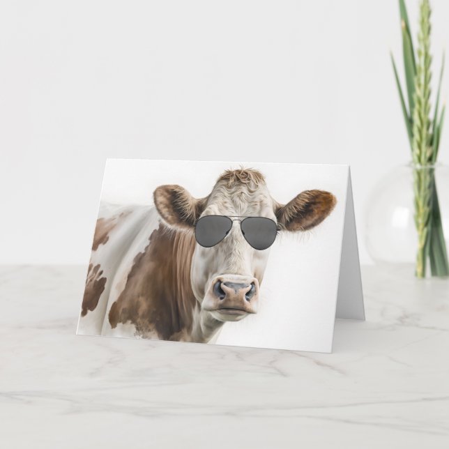 Carte Anniversaire Vache Hereford avec lunettes de solei (Devant)