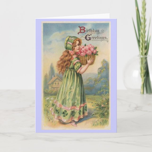 Carte Anniversaire victorien de cru de roses de fille (Devant)