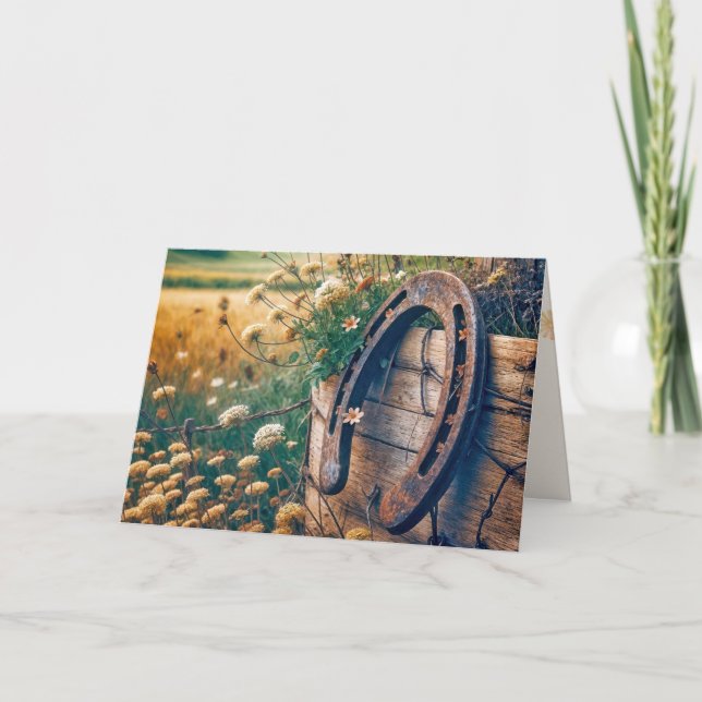 Carte Anniversaire Vieux Horseshoe Et Fleur sauvage (Devant)