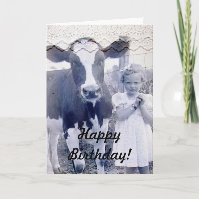 Carte Anniversaire Vintage des enfants et des vaches (Devant)