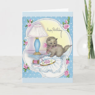 Carte Anniversaire vintage - Fil de chat et broderie,