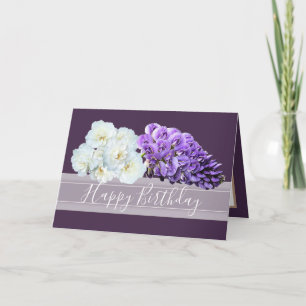 Carte Anniversaire Wisteria Violet Élégant et Roses Blan