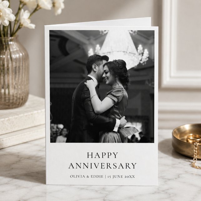 Carte Anniversary | Elegant Modern Minimalist (Custom photo anniversary card with names and date for a romantic milestone keepsake.)